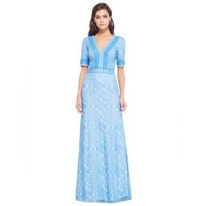 Tadashi Shoji NWT Landry Lace Embroidered Full Length Maxi Gown Blue Size 6